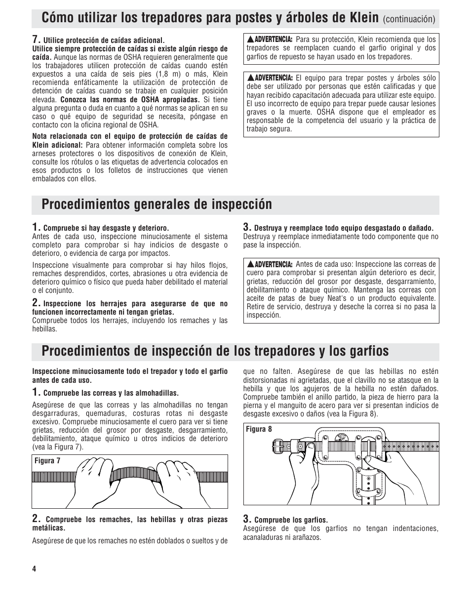 Procedimientos generales de inspección | Klein Tools Pole and Tree Climbers, Including Gaff Sharpening User Manual | Page 12 / 16