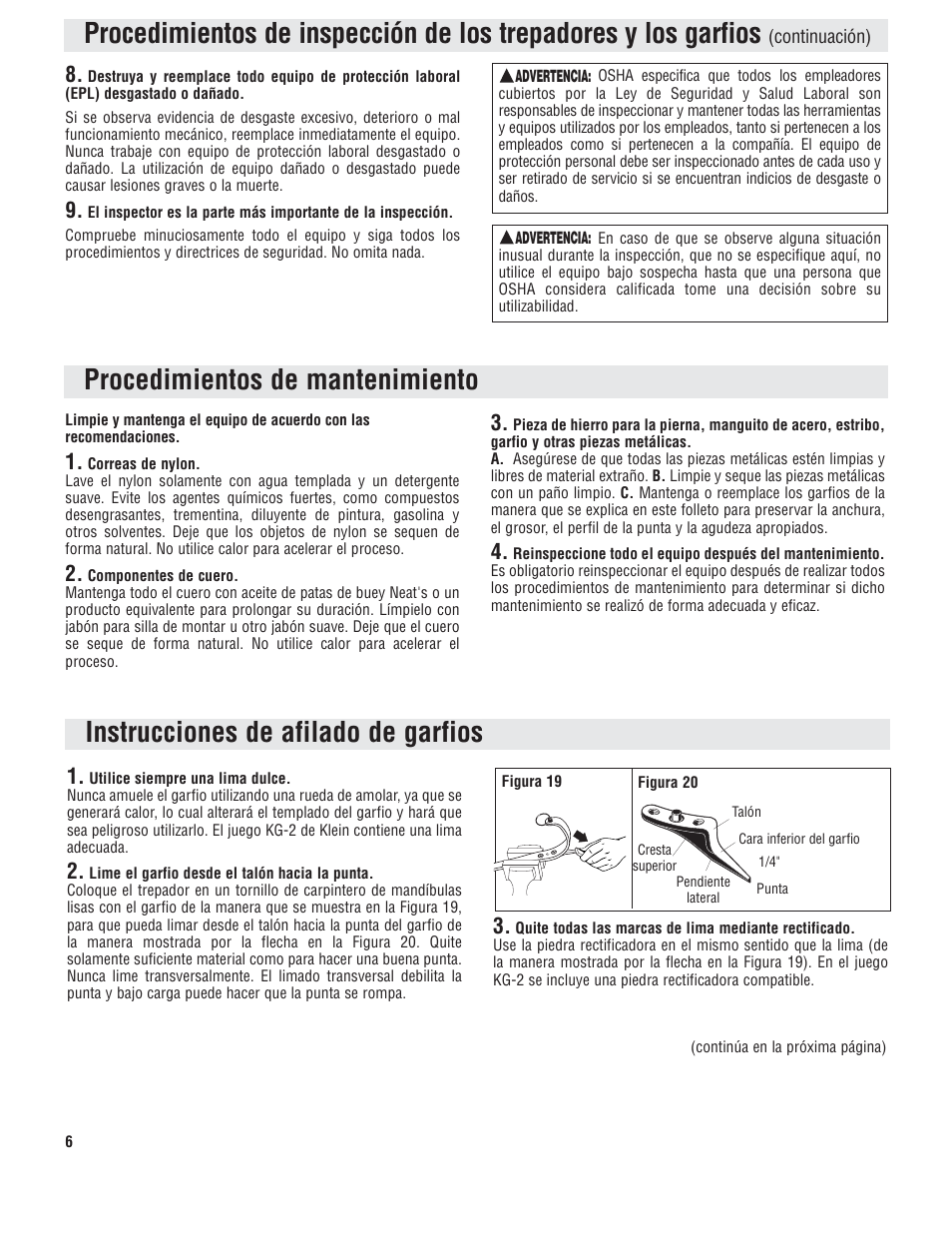 Procedimientos de mantenimiento, Instrucciones de afilado de garfios | Klein Tools Pole and Tree Climbers, Including Gaff Sharpening User Manual | Page 14 / 16