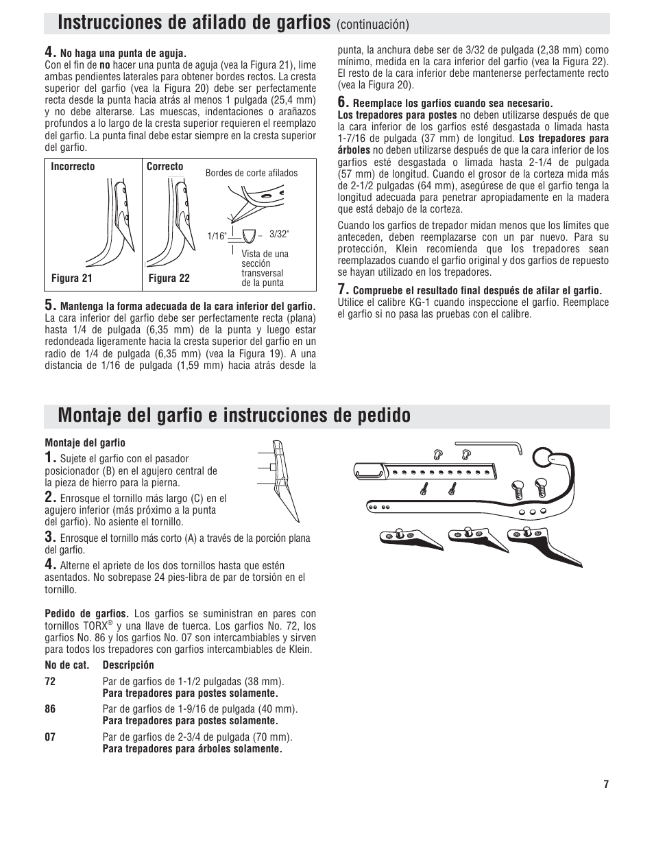 Instrucciones de afilado de garfios, Montaje del garfio e instrucciones de pedido | Klein Tools Pole and Tree Climbers, Including Gaff Sharpening User Manual | Page 15 / 16