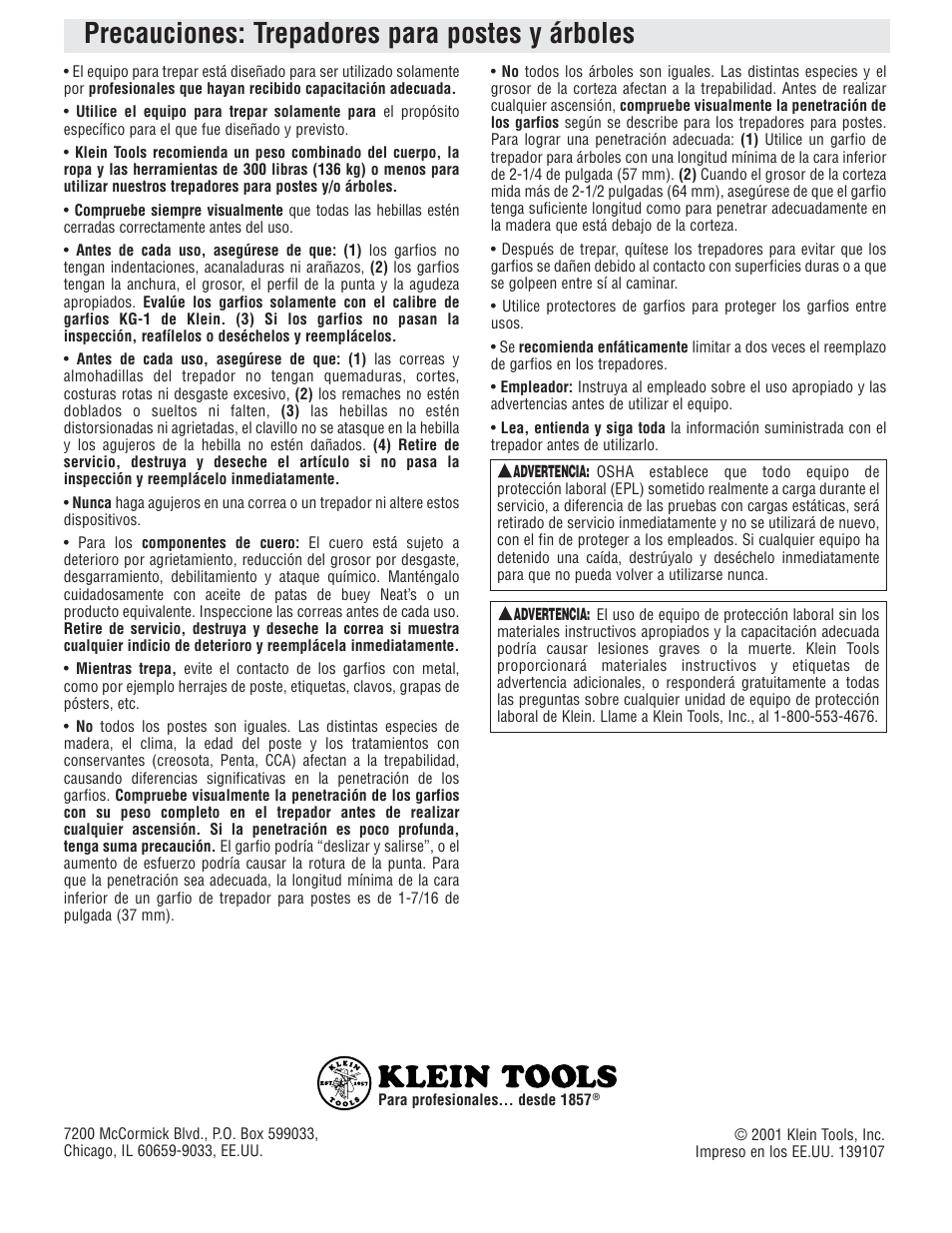 Precauciones: trepadores para postes y árboles | Klein Tools Pole and Tree Climbers, Including Gaff Sharpening User Manual | Page 16 / 16