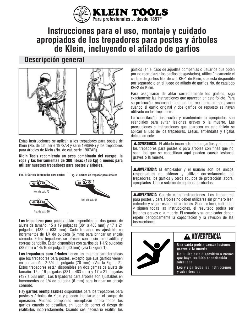 Advertencia, Descripción general | Klein Tools Pole and Tree Climbers, Including Gaff Sharpening User Manual | Page 9 / 16