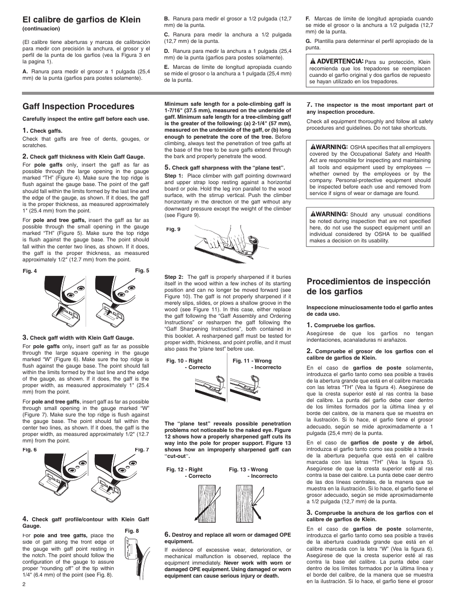 El calibre de garfios de klein, Gaff inspection procedures, Procedimientos de inspección de los garfios | Klein Tools Gaff Sharpening User Manual | Page 2 / 4