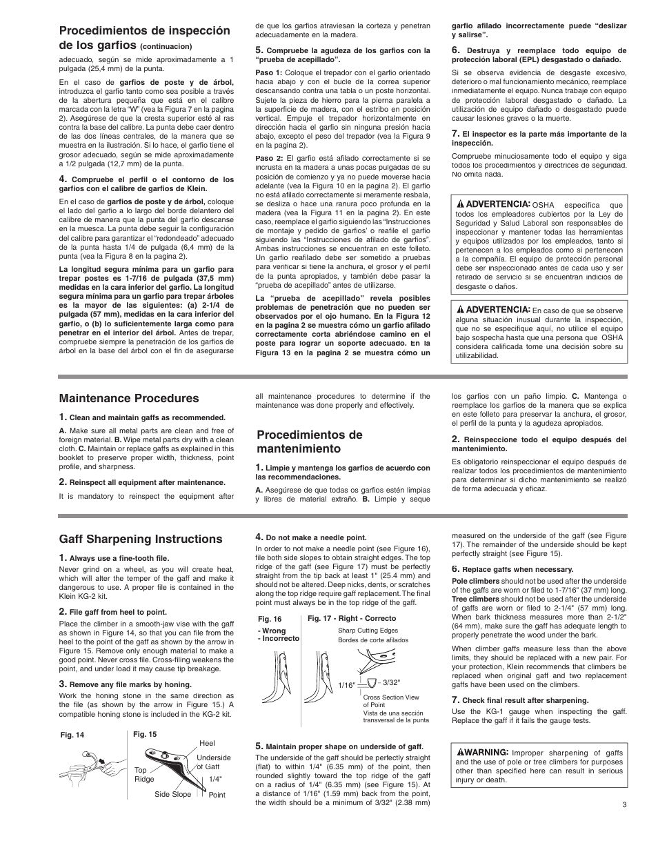 Procedimientos de inspección de los garfios, Gaff sharpening instructions | Klein Tools Gaff Sharpening User Manual | Page 3 / 4