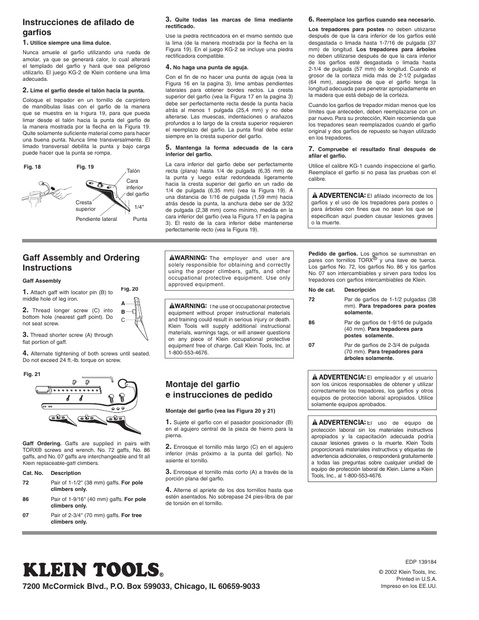 Instrucciones de afilado de garfios, Gaff assembly and ordering instructions, Montaje del garfio e instrucciones de pedido | Klein Tools Gaff Sharpening User Manual | Page 4 / 4