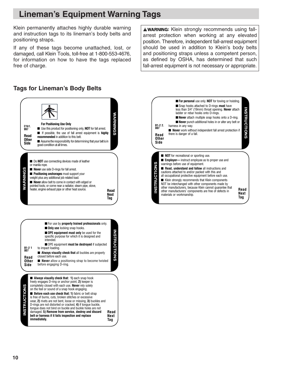 Lineman’s equipment warning tags, Tags for lineman’s body belts | Klein Tools Linemans Body Belts and Positioning Straps User Manual | Page 10 / 36
