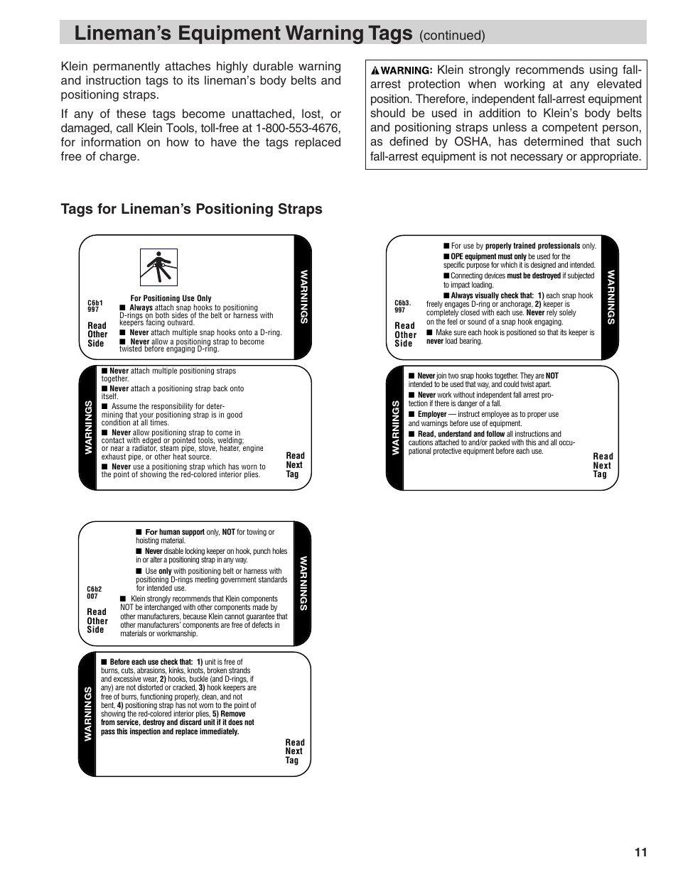 Lineman’s equipment warning tags, Tags for lineman’s positioning straps, Continued) | Klein Tools Linemans Body Belts and Positioning Straps User Manual | Page 11 / 36