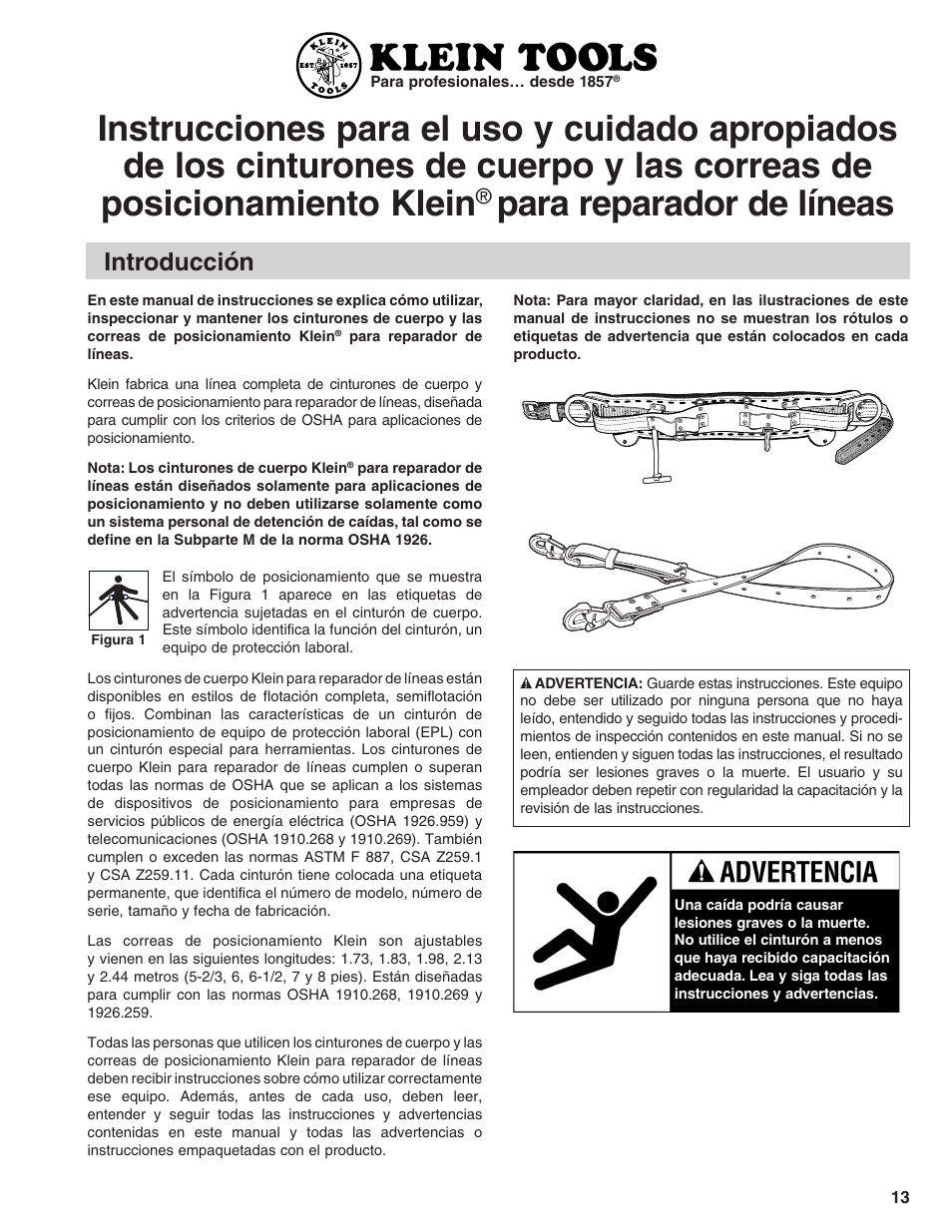 Para reparador de líneas, Introducción | Klein Tools Linemans Body Belts and Positioning Straps User Manual | Page 13 / 36