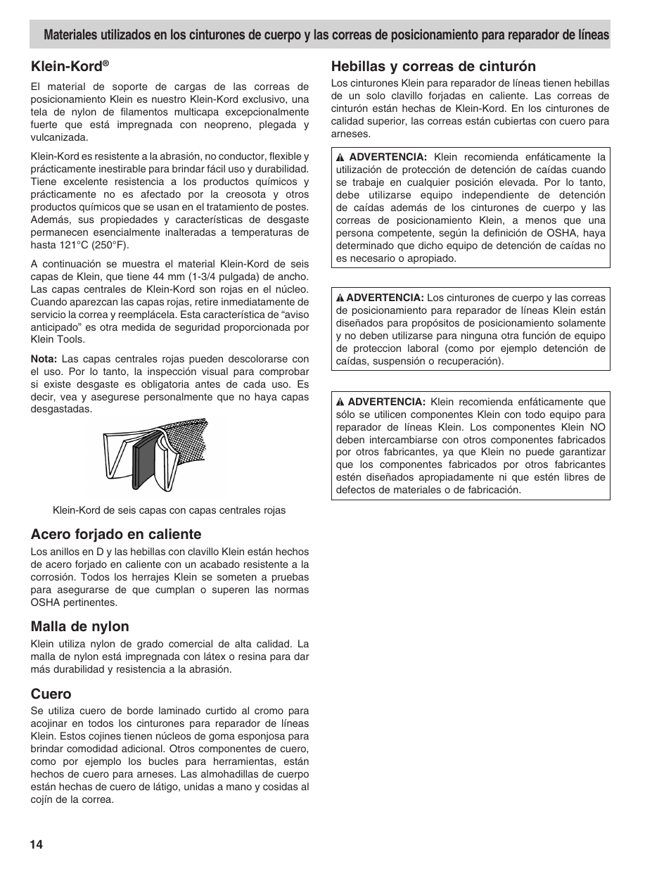 Klein-kord, Acero forjado en caliente, Malla de nylon | Cuero, Hebillas y correas de cinturón | Klein Tools Linemans Body Belts and Positioning Straps User Manual | Page 14 / 36