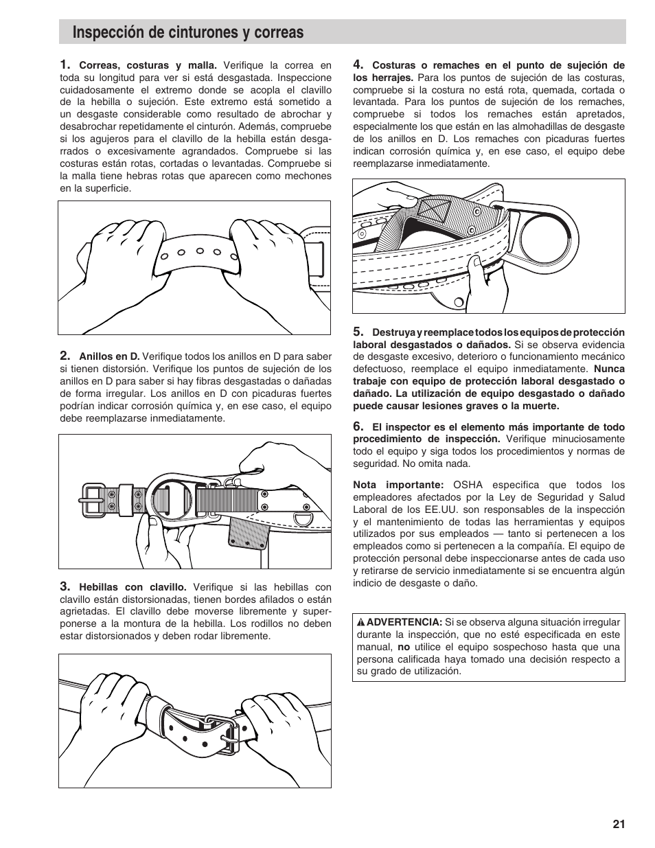 Inspección de cinturones y correas | Klein Tools Linemans Body Belts and Positioning Straps User Manual | Page 21 / 36