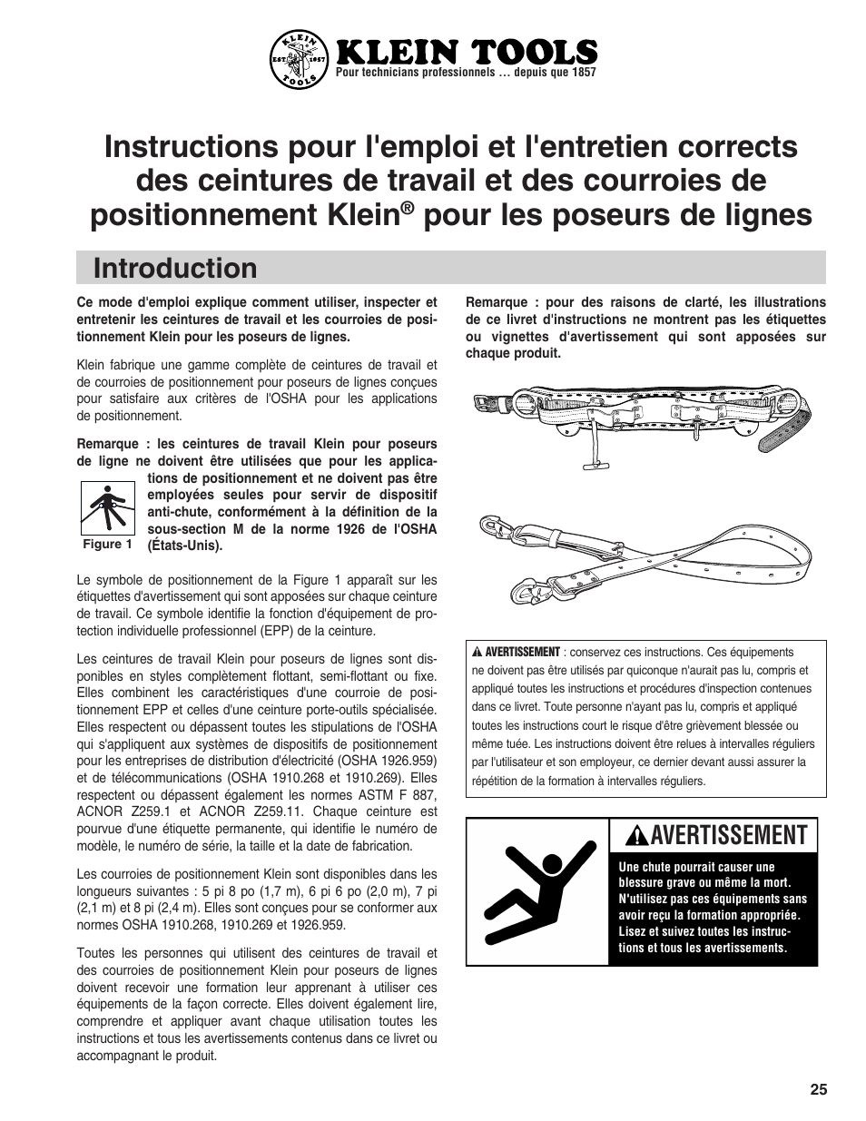 Pour les poseurs de lignes, Introduction, Avertissement | Klein Tools Linemans Body Belts and Positioning Straps User Manual | Page 25 / 36