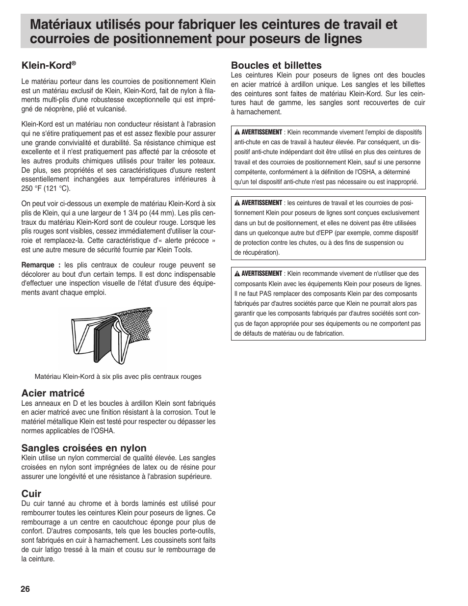 Klein-kord, Acier matricé, Sangles croisées en nylon | Cuir, Boucles et billettes | Klein Tools Linemans Body Belts and Positioning Straps User Manual | Page 26 / 36