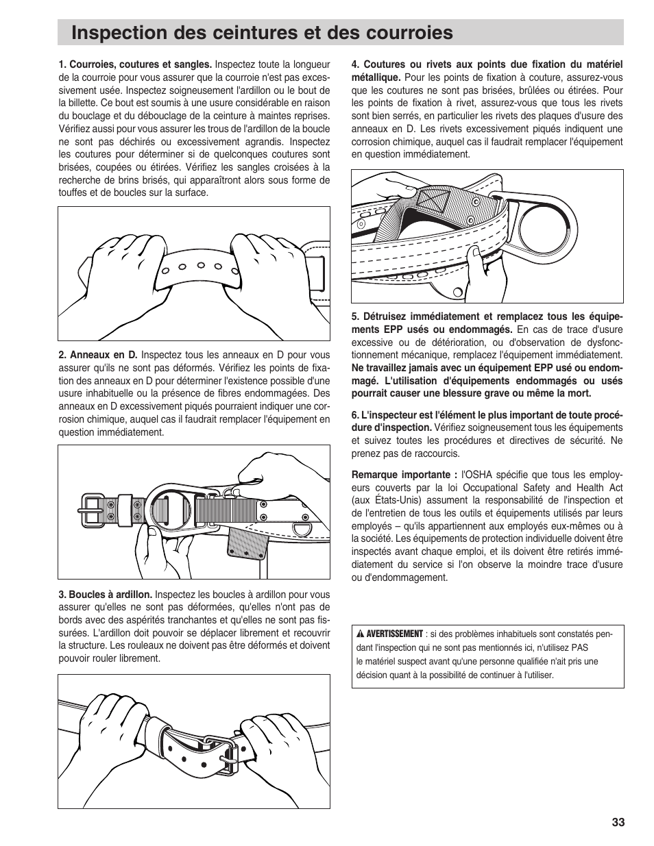 Inspection des ceintures et des courroies | Klein Tools Linemans Body Belts and Positioning Straps User Manual | Page 33 / 36