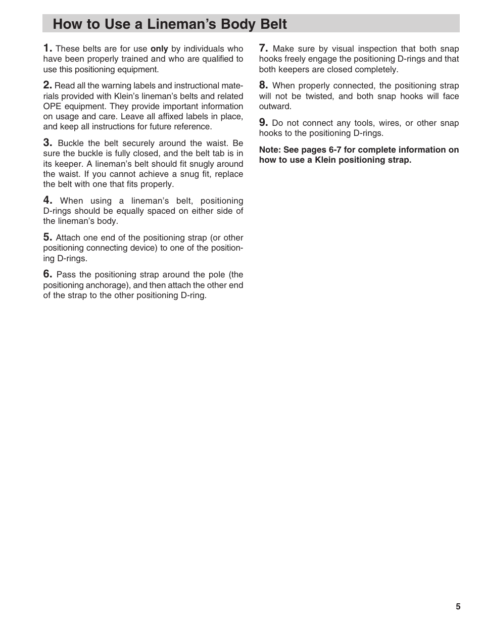 How to use a lineman’s body belt | Klein Tools Linemans Body Belts and Positioning Straps User Manual | Page 5 / 36
