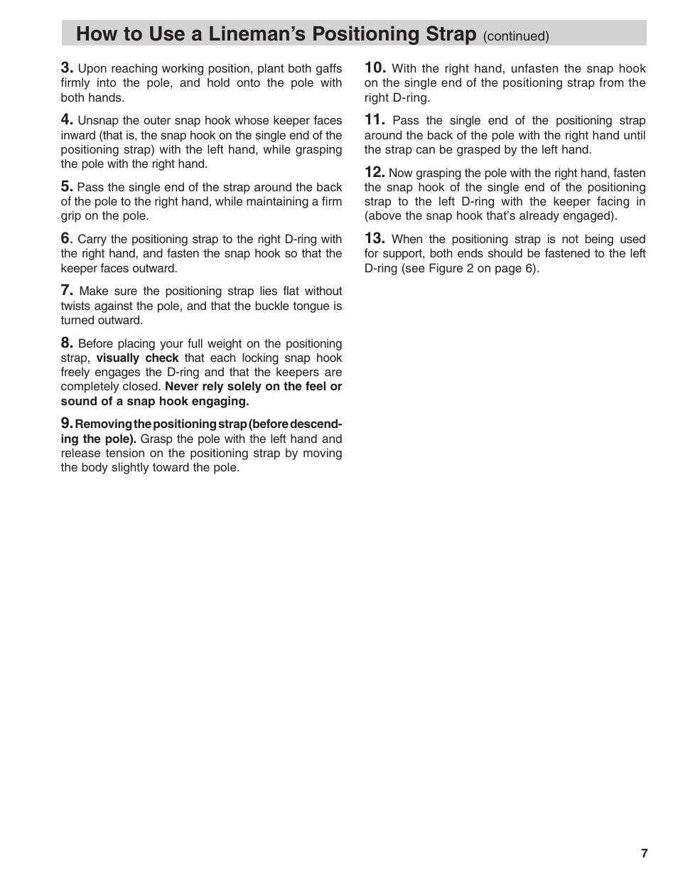 How to use a lineman’s positioning strap | Klein Tools Linemans Body Belts and Positioning Straps User Manual | Page 7 / 36