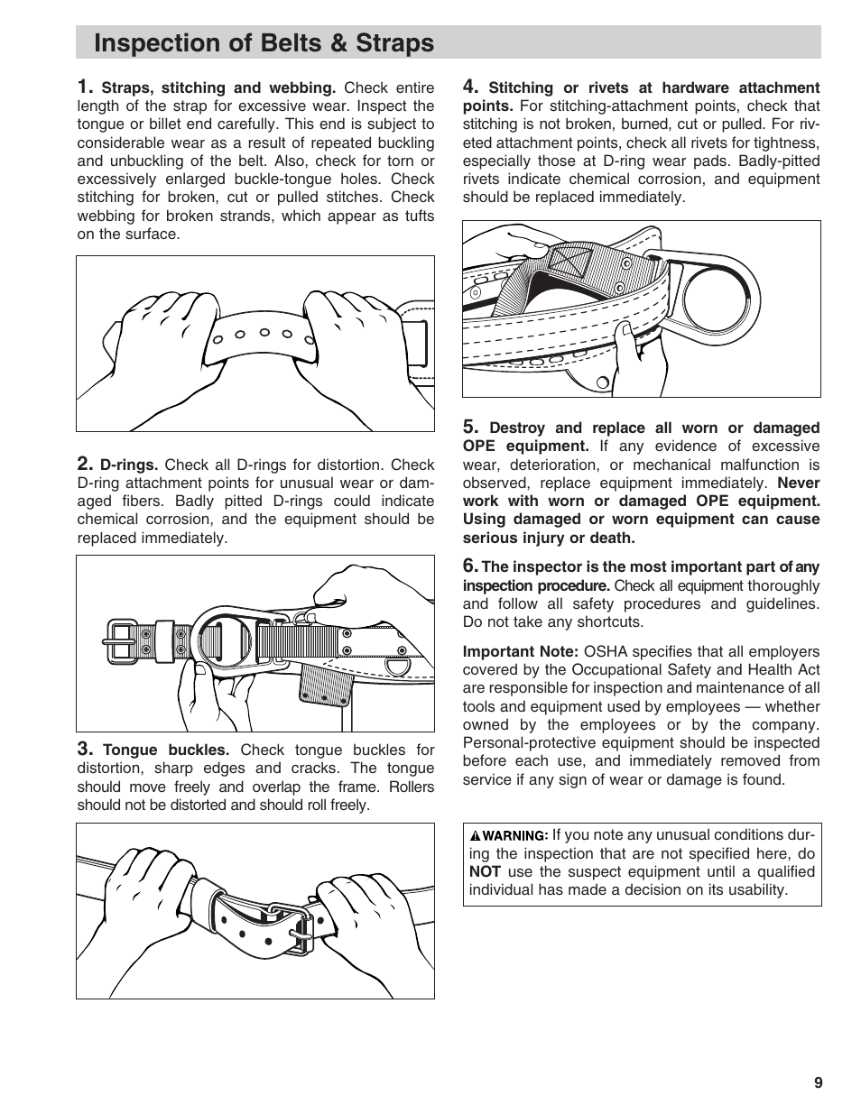 Inspection of belts & straps | Klein Tools Linemans Body Belts and Positioning Straps User Manual | Page 9 / 36