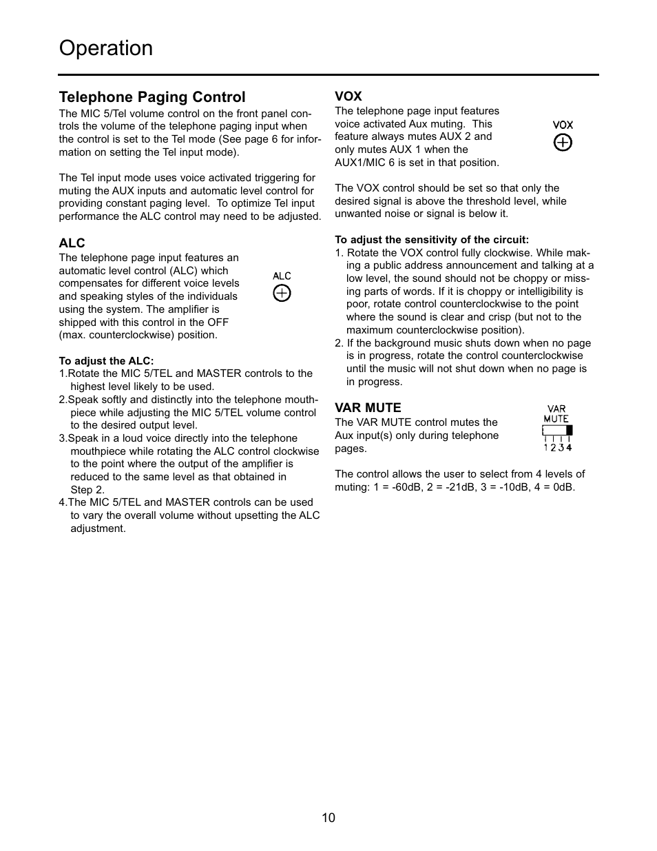 Operation, Telephone paging control | Bogen GS-250 User Manual | Page 12 / 16