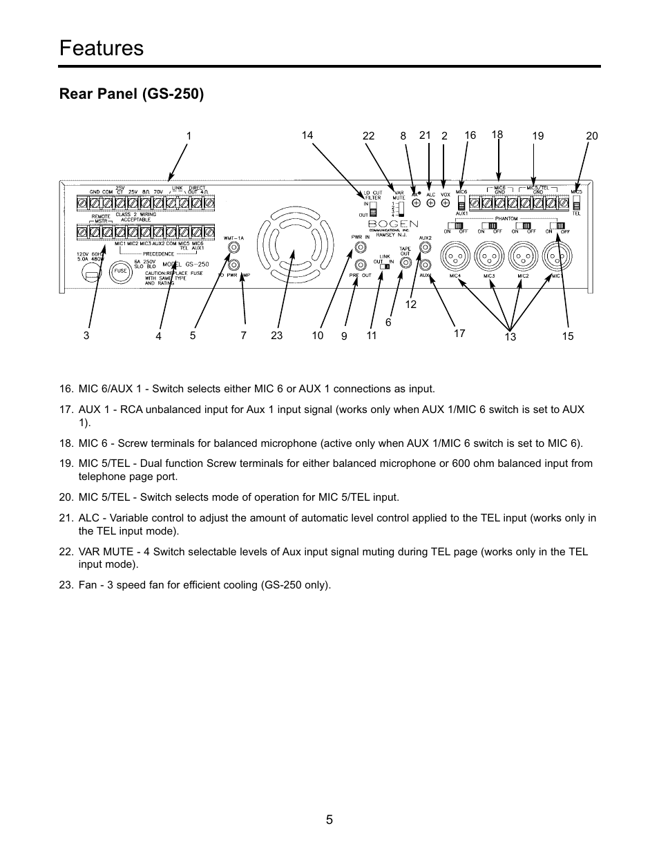 Features, Rear panel (gs-250) | Bogen GS-250 User Manual | Page 7 / 16