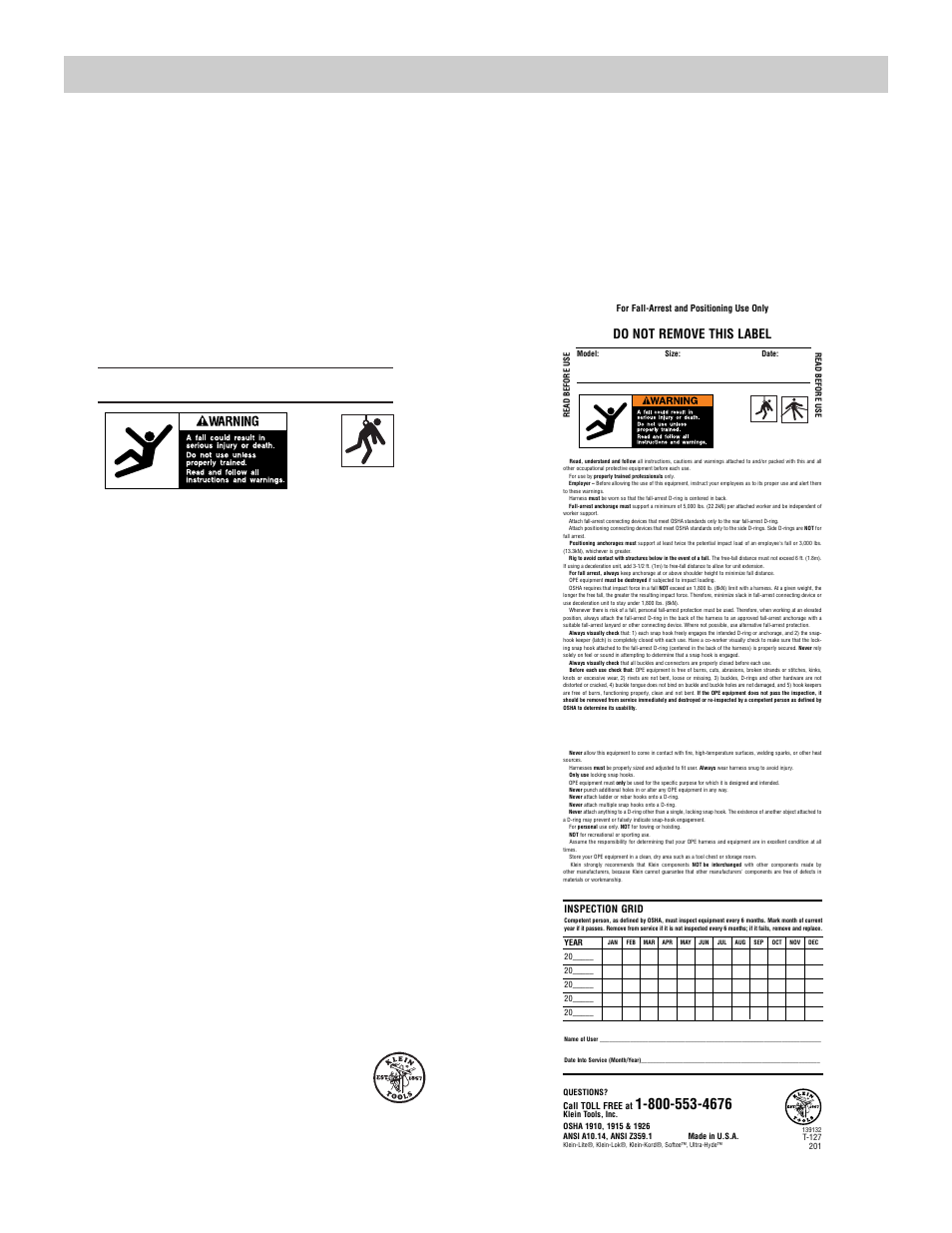 Klein harness warning tags, Do not remove this label, Read before use | For fall arrest use only | Klein Tools Harnesses User Manual | Page 18 / 48