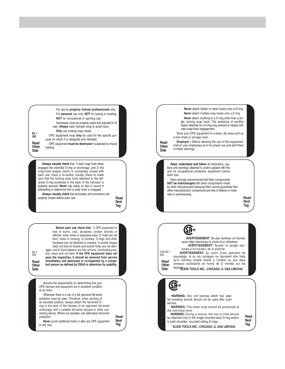 Klein harness warning tags, Continued) | Klein Tools Harnesses User Manual | Page 19 / 48