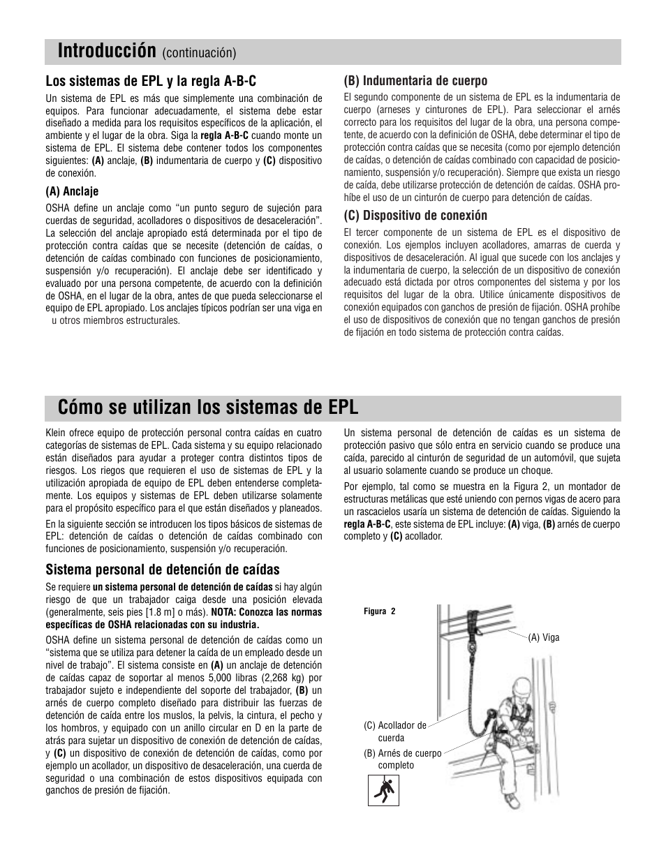 Introducción, Cómo se utilizan los sistemas de epl, Los sistemas de epl y la regla a-b-c | Sistema personal de detención de caídas | Klein Tools Harnesses User Manual | Page 26 / 48