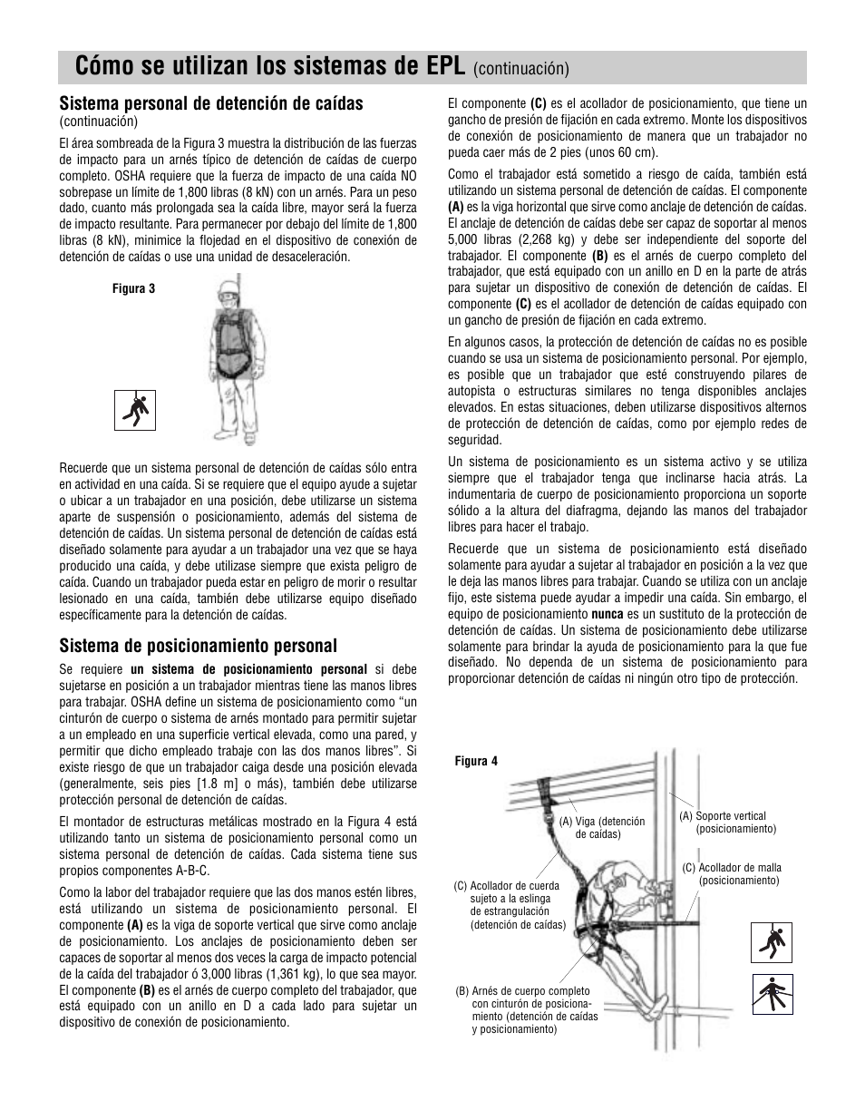 Cómo se utilizan los sistemas de epl, Sistema personal de detención de caídas, Sistema de posicionamiento personal | Continuación) | Klein Tools Harnesses User Manual | Page 27 / 48