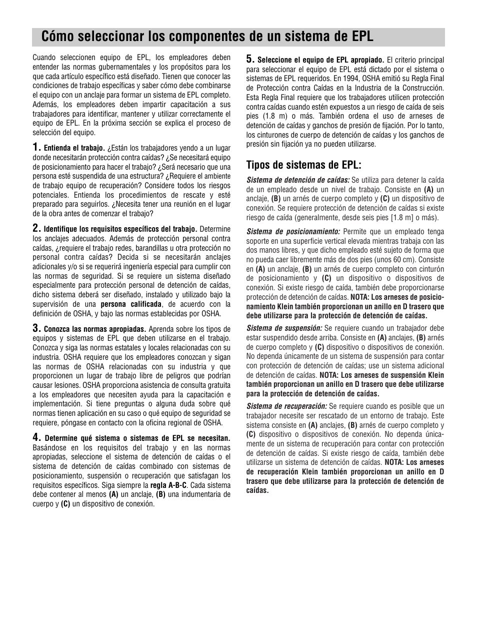 Tipos de sistemas de epl | Klein Tools Harnesses User Manual | Page 30 / 48