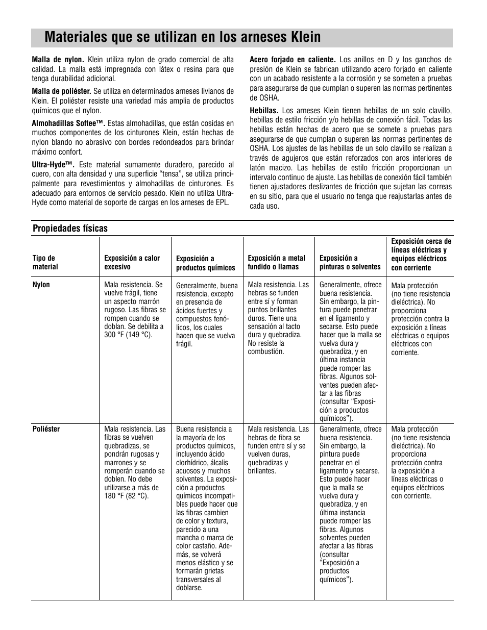 Materiales que se utilizan en los arneses klein | Klein Tools Harnesses User Manual | Page 32 / 48