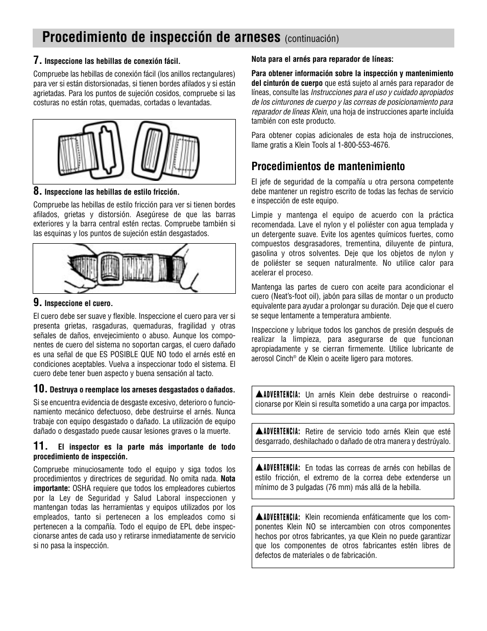 Procedimiento de inspección de arneses, Procedimientos de mantenimiento | Klein Tools Harnesses User Manual | Page 39 / 48