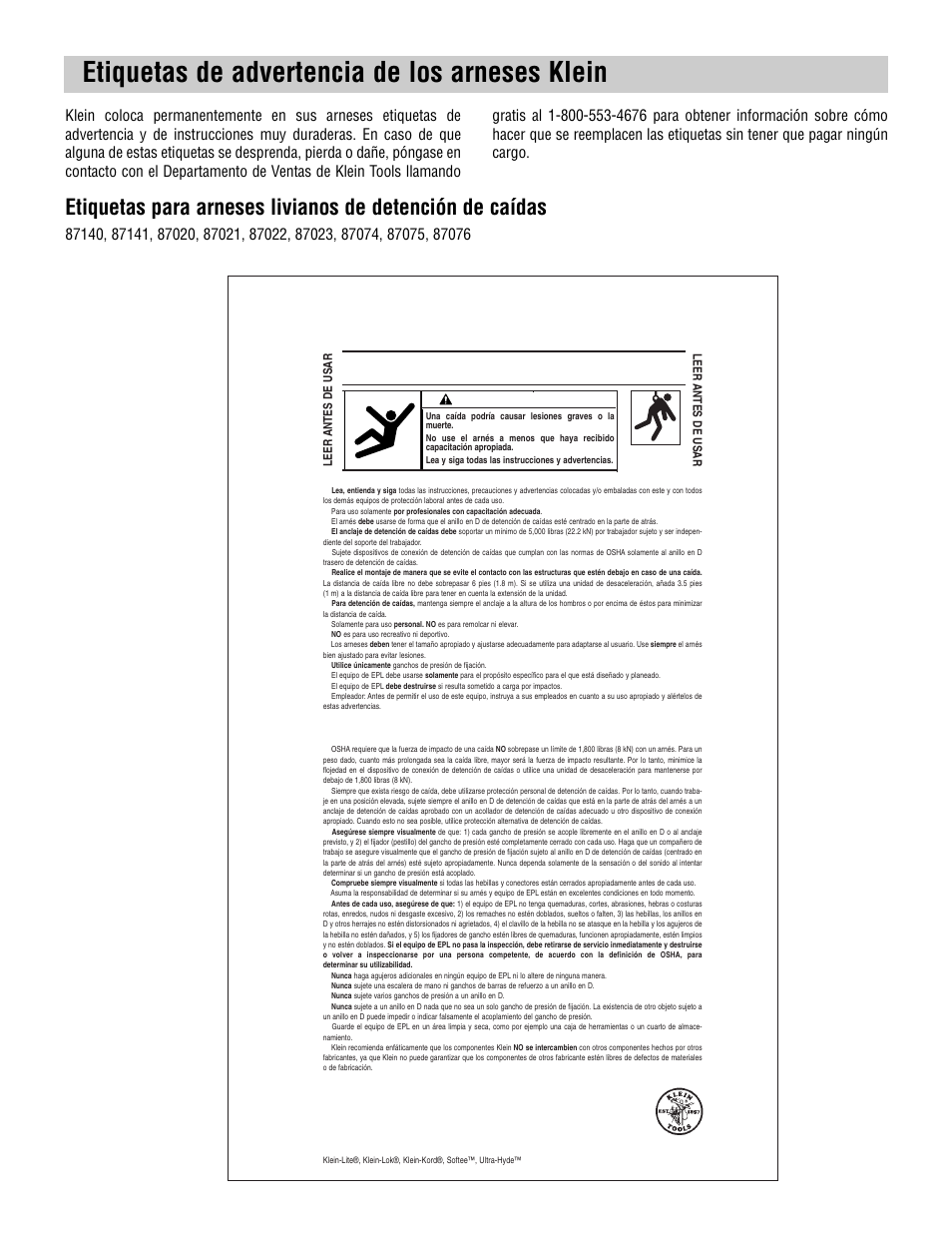 Etiquetas de advertencia de los arneses klein, No quite esta etiqueta | Klein Tools Harnesses User Manual | Page 42 / 48