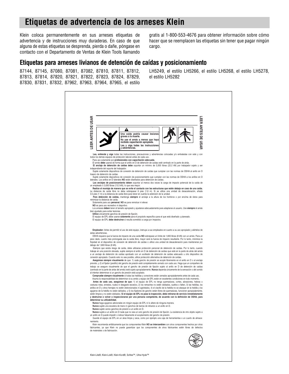 Etiquetas de advertencia de los arneses klein, No quite esta etiqueta | Klein Tools Harnesses User Manual | Page 43 / 48