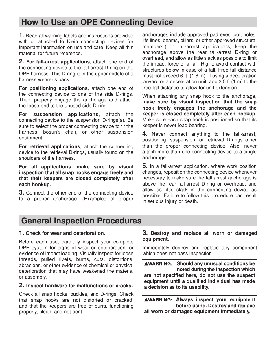General inspection procedures, How to use an ope connecting device | Klein Tools Occupational Protective Connecting Devices User Manual | Page 10 / 32