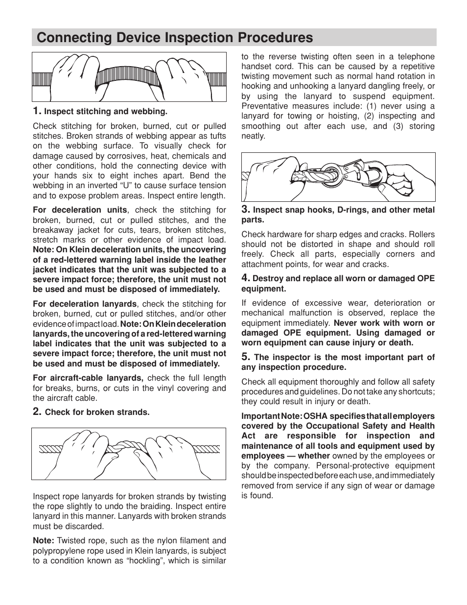 Connecting device inspection procedures | Klein Tools Occupational Protective Connecting Devices User Manual | Page 11 / 32