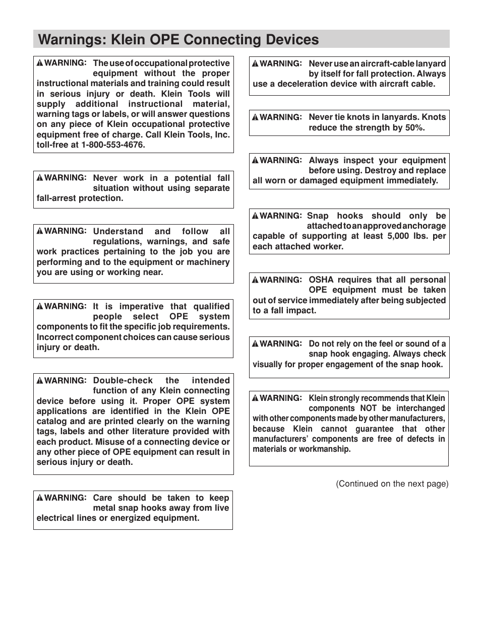 Warnings: klein ope connecting devices | Klein Tools Occupational Protective Connecting Devices User Manual | Page 13 / 32