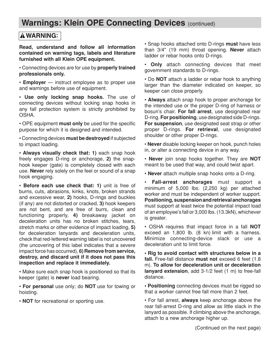 Warnings: klein ope connecting devices | Klein Tools Occupational Protective Connecting Devices User Manual | Page 14 / 32