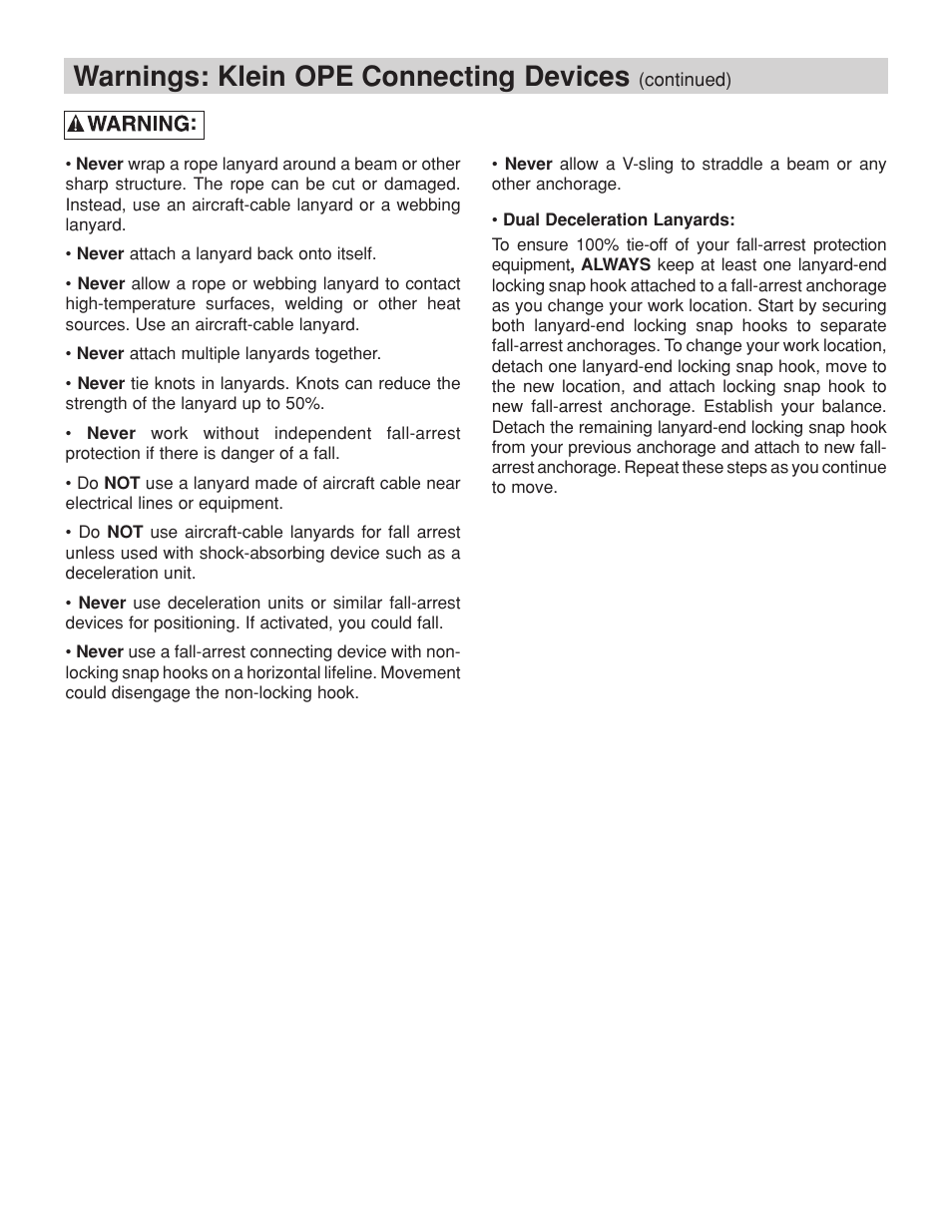 Warnings: klein ope connecting devices | Klein Tools Occupational Protective Connecting Devices User Manual | Page 15 / 32