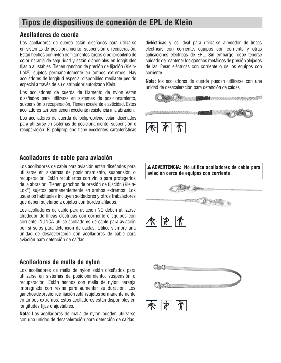 Tipos de dispositivos de conexión de epl de klein, Acolladores de cuerda | Klein Tools Occupational Protective Connecting Devices User Manual | Page 19 / 32
