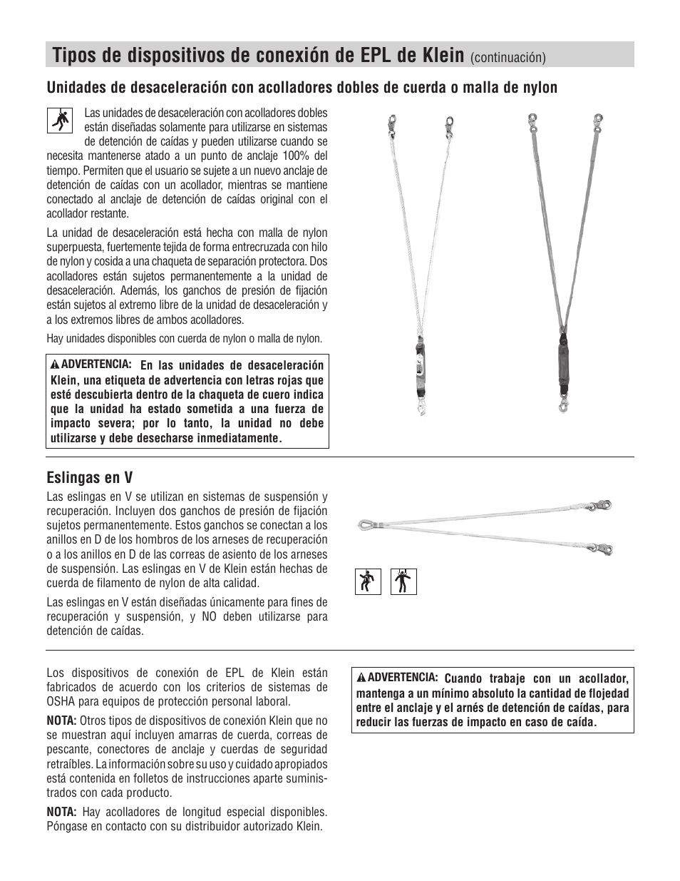 Tipos de dispositivos de conexión de epl de klein, Eslingas en v | Klein Tools Occupational Protective Connecting Devices User Manual | Page 21 / 32