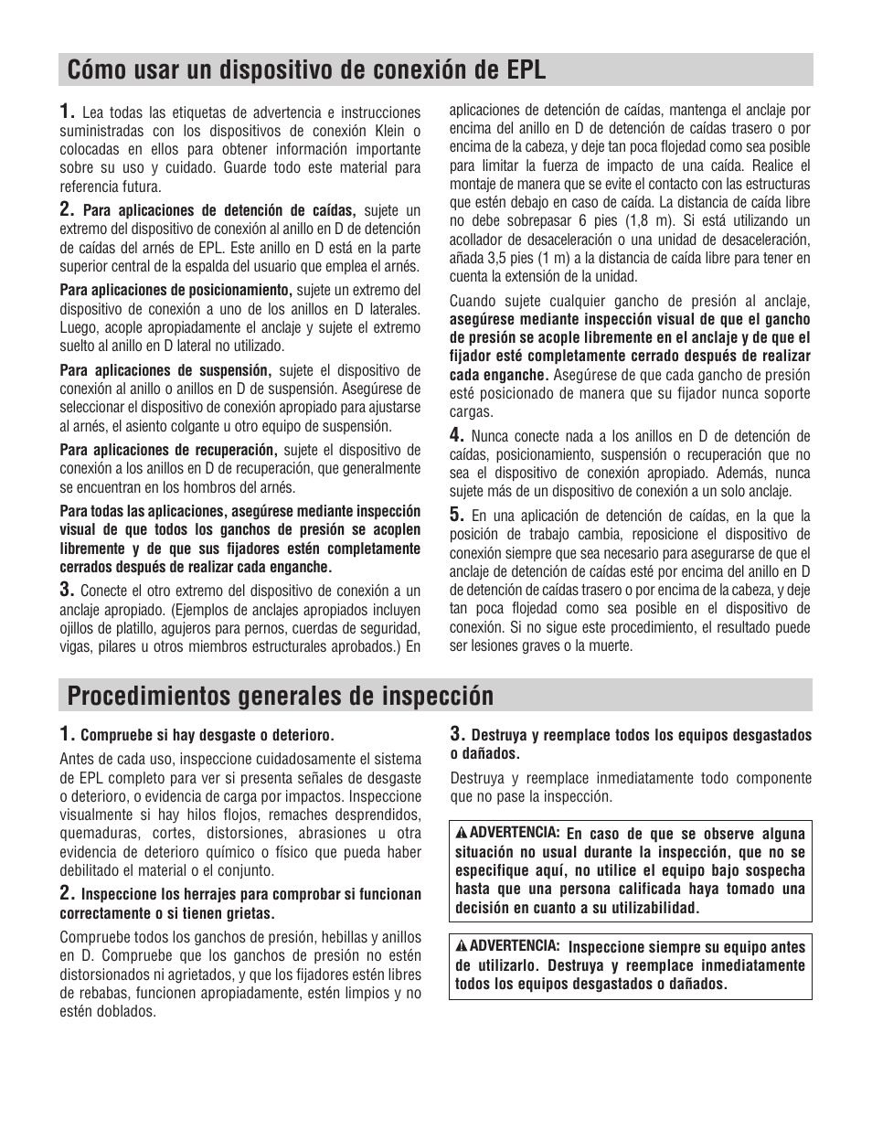 Procedimientos generales de inspección, Cómo usar un dispositivo de conexión de epl | Klein Tools Occupational Protective Connecting Devices User Manual | Page 26 / 32