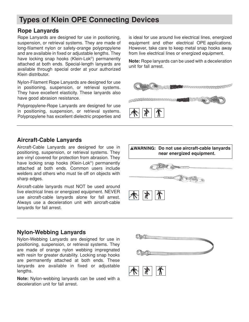 Types of klein ope connecting devices, Rope lanyards, Aircraft-cable lanyards nylon-webbing lanyards | Klein Tools Occupational Protective Connecting Devices User Manual | Page 3 / 32