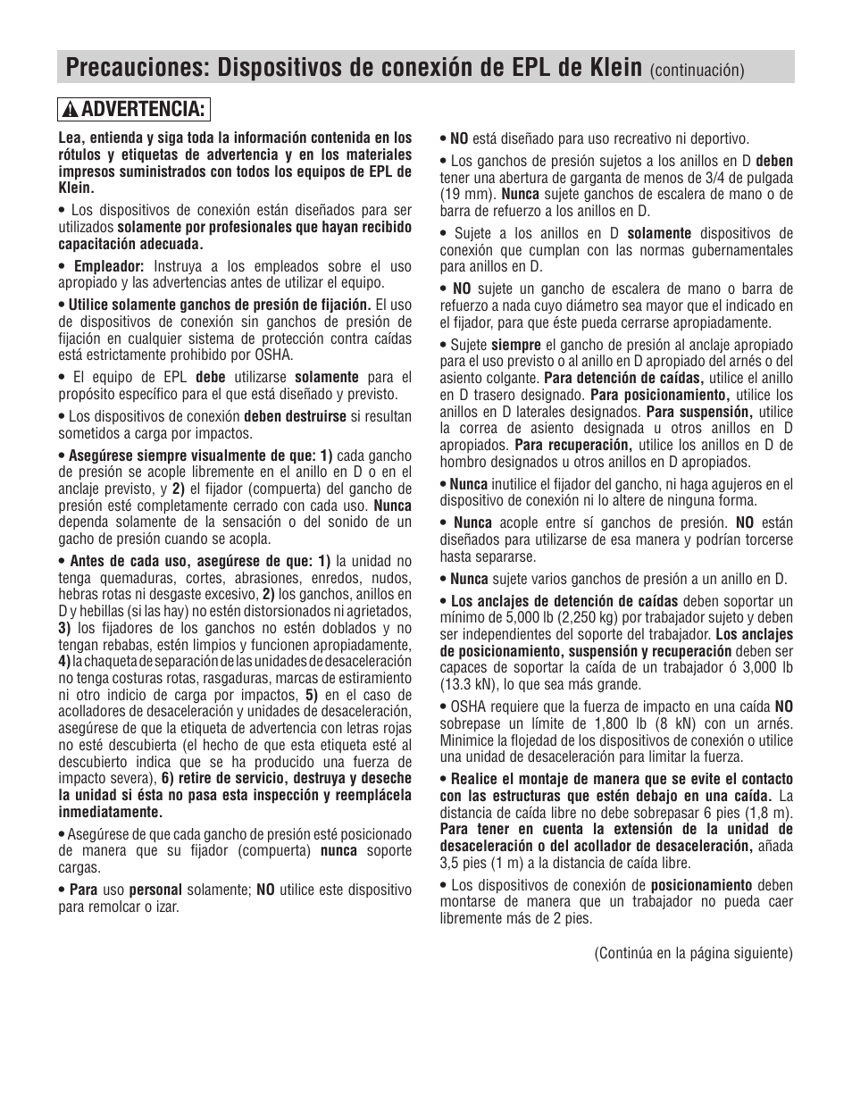 Advertencia | Klein Tools Occupational Protective Connecting Devices User Manual | Page 30 / 32