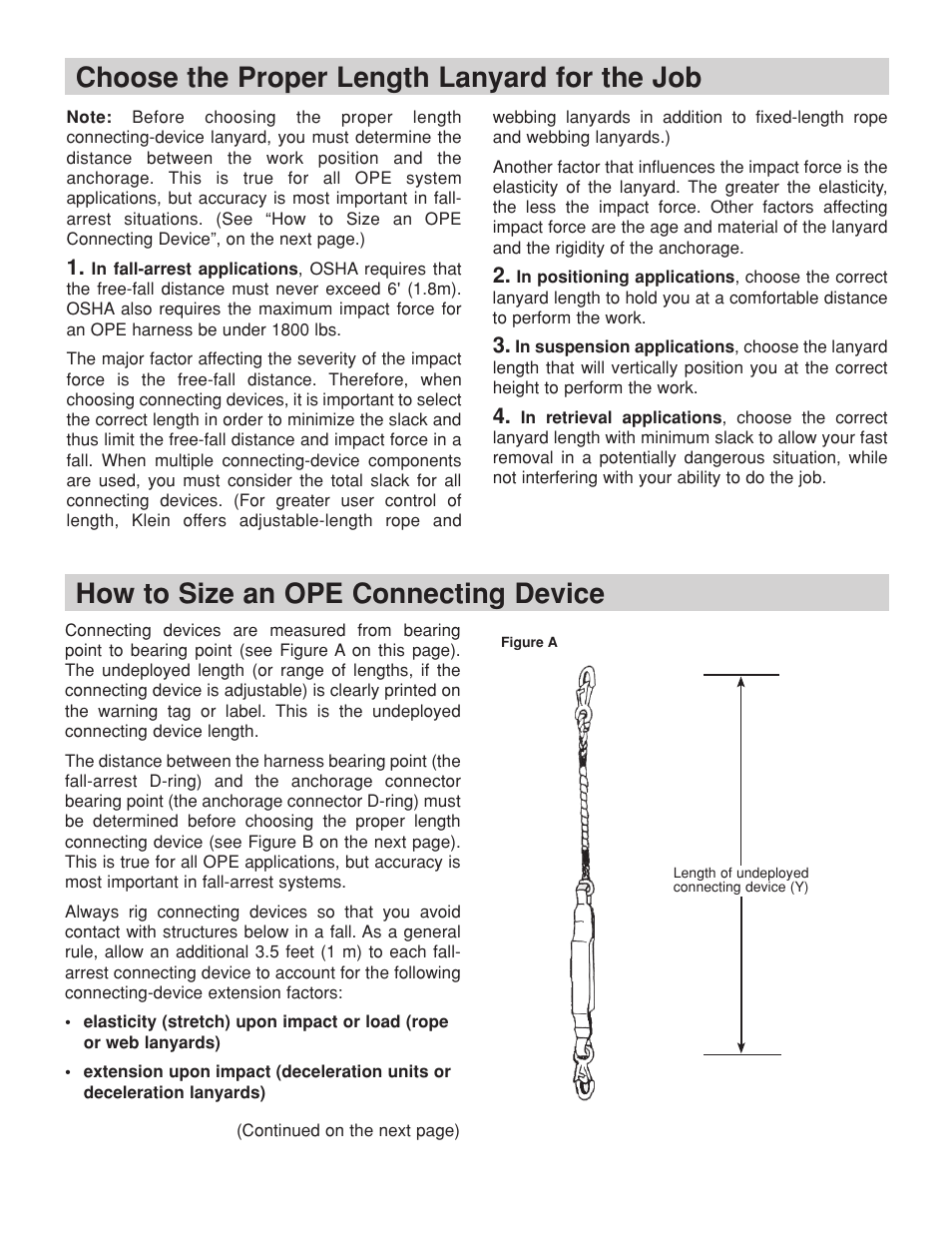 Choose the proper length lanyard for the job, How to size an ope connecting device | Klein Tools Occupational Protective Connecting Devices User Manual | Page 8 / 32