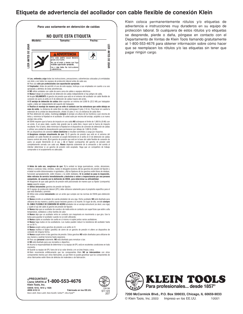 Para profesionales... desde 1857, Do not remove this label, No quite esta etiqueta | Klein Tools Lanyard with Wire Pigtail Connector User Manual | Page 12 / 12