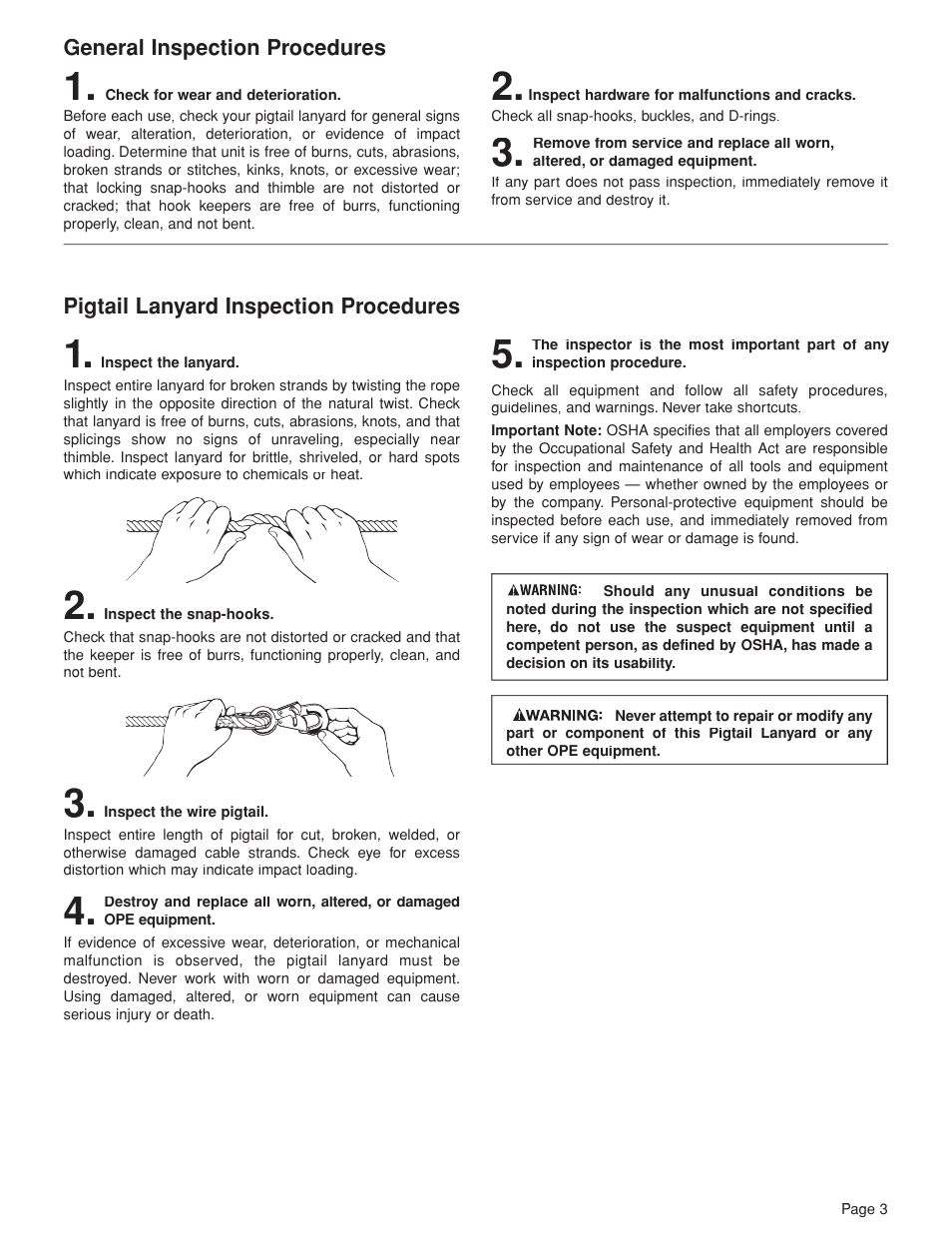 General inspection pr procedures ocedures | Klein Tools Lanyard with Wire Pigtail Connector User Manual | Page 3 / 12