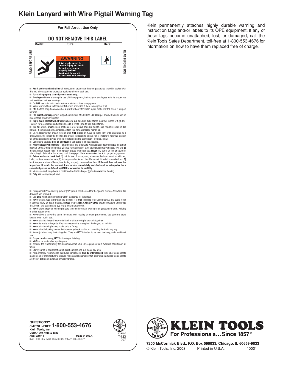 Par a p rof esi ona les ... des de 185 7, Do not remove this label, No quite esta etiqueta | Klein Tools Lanyard with Wire Pigtail Connector User Manual | Page 6 / 12