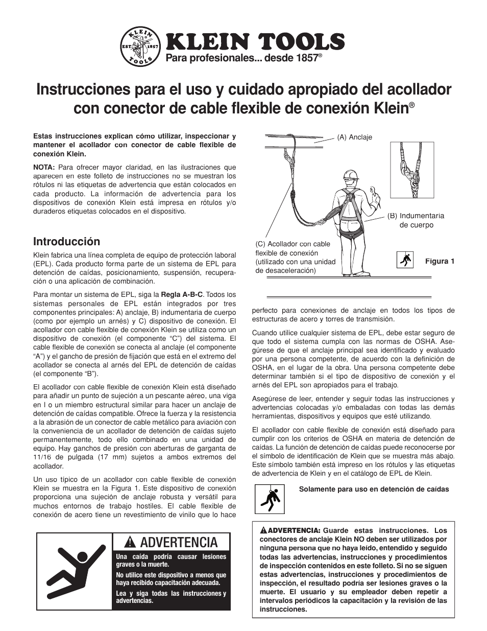 Introducción, Advertencia, Para profesionales... desde 1857 | Klein Tools Lanyard with Wire Pigtail Connector User Manual | Page 7 / 12