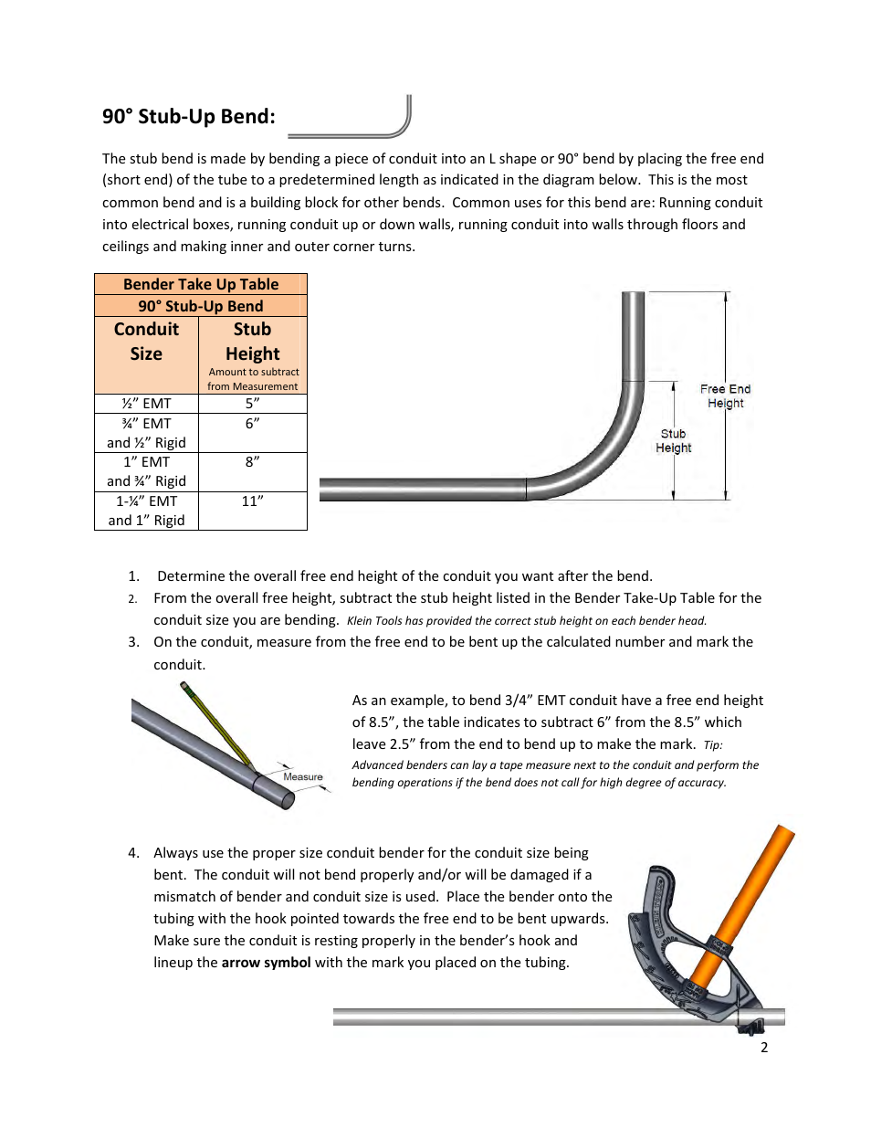 90° stub-up bend, Conduit size stub height | Klein Tools 56206 User Manual | Page 2 / 12