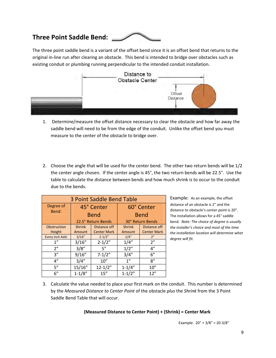 Three point saddle bend, 3 point saddle bend table, 45° center bend | 60° center bend | Klein Tools 56206 User Manual | Page 9 / 12