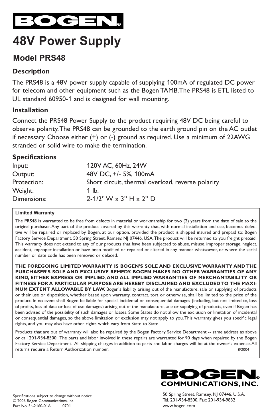 Bogen PRS48 User Manual | 1 page