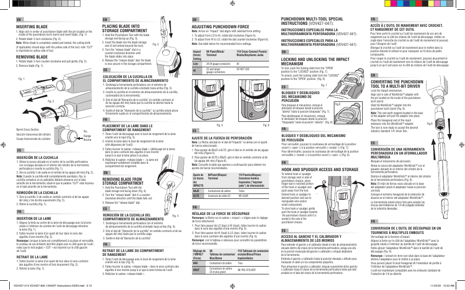 Inserting blade, Removing blade, Placing blade into storage compartment | Removing blade from storage compartment, Adjusting punchdown force, Hook and spudger access and storage, Locking and unlocking the impact mechanism, Cu t | Klein Tools VDV427-806 User Manual | Page 2 / 2