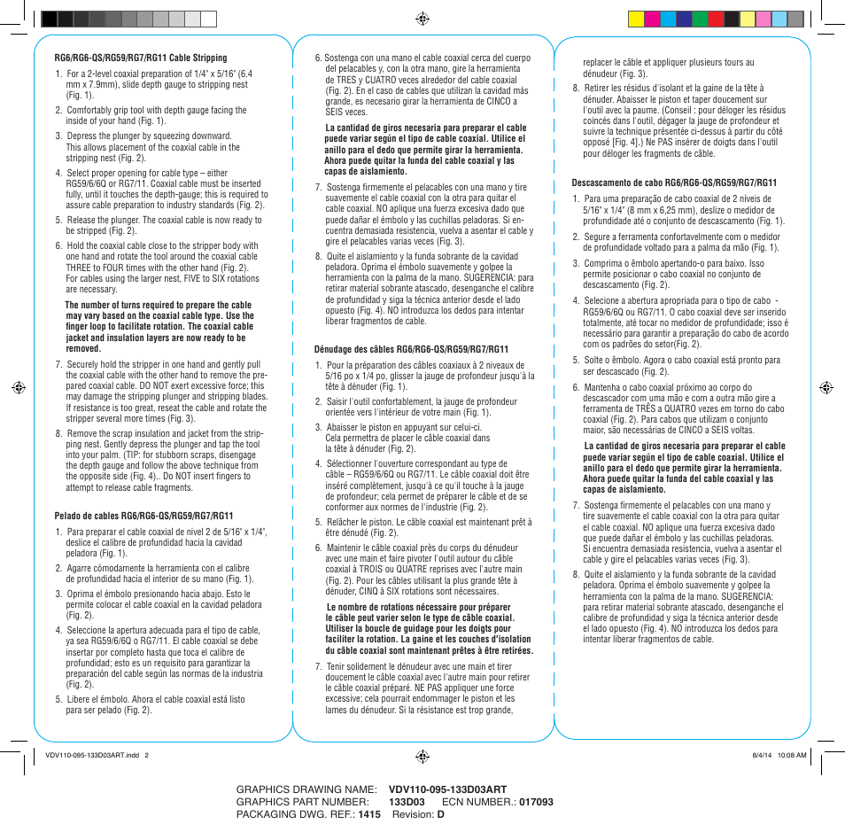 Cable stripping, Pelado de cables, Dénudage des câbles | Descascamento de cabo | Klein Tools VDV110-095 User Manual | Page 2 / 2